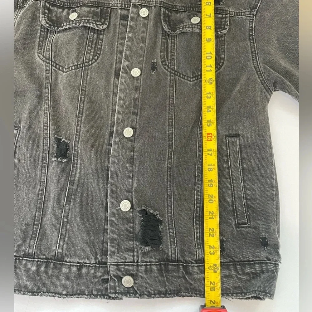 Charcoal Black Denim Jacket Oversized Size Small Distressed Grunge